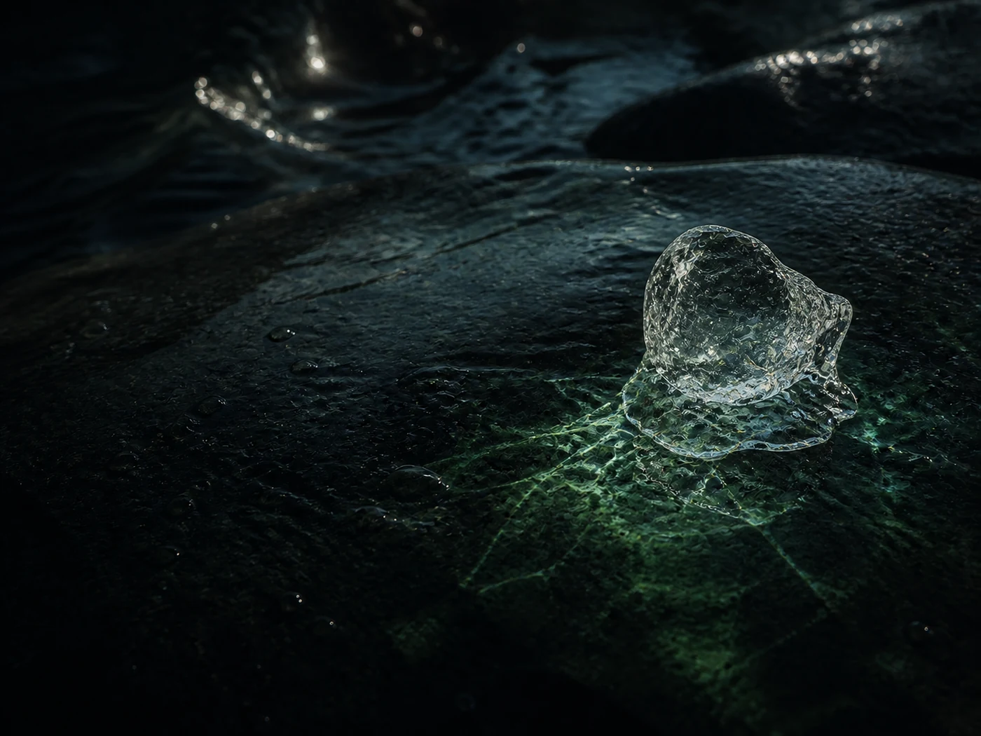 Pieza translúcida sobre roca oscura con luz verde, imagen conceptual de innovación
