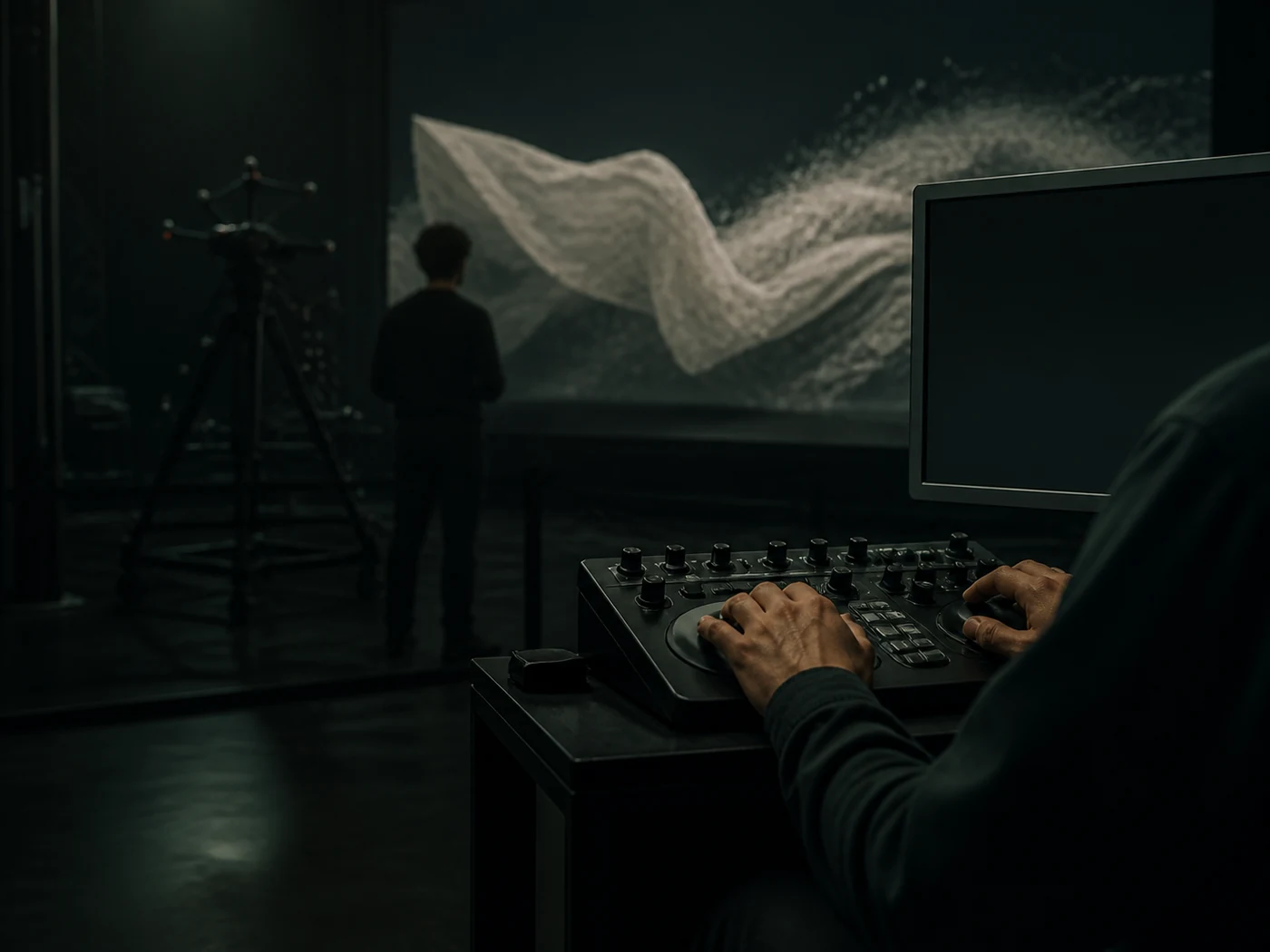 Equipo de postproducción trabajando en un proyecto audiovisual con simulación de tejido y partículas